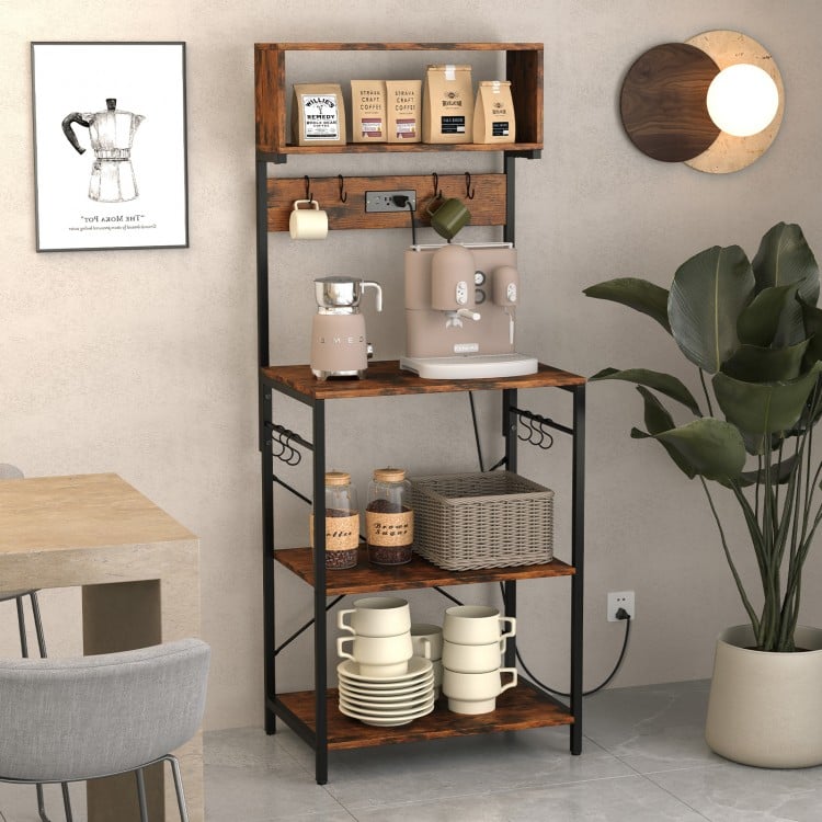 5-Tier Microwave Stand with Power Outlet and 10 S-shape Hooks-Rustic Brown