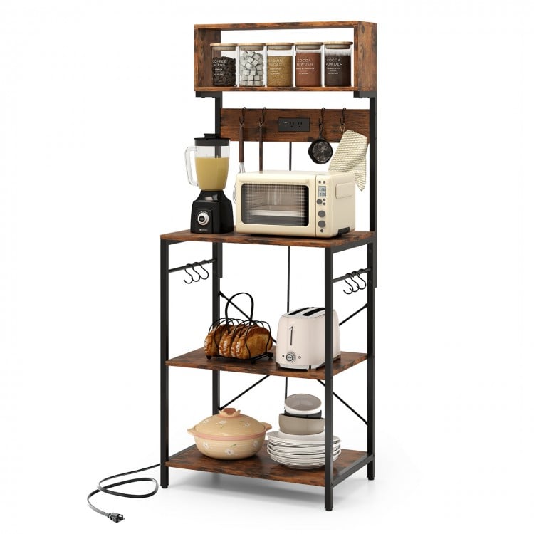 5-Tier Microwave Stand with Power Outlet and 10 S-shape Hooks-Rustic Brown