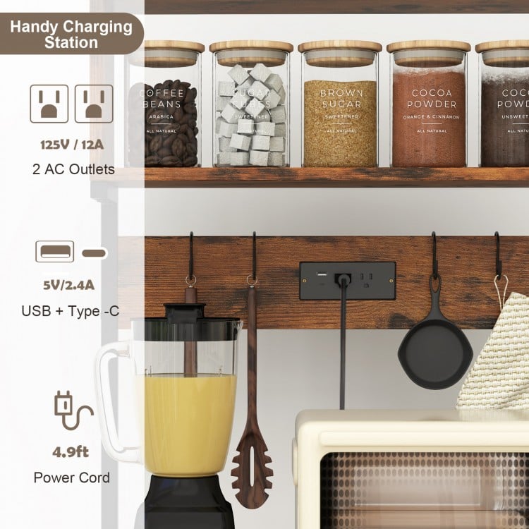 5-Tier Microwave Stand with Power Outlet and 10 S-shape Hooks-Rustic Brown