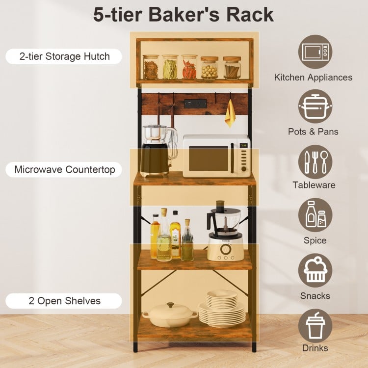 5-Tier Microwave Stand with Power Outlet and 10 S-shape Hooks-Rustic Brown