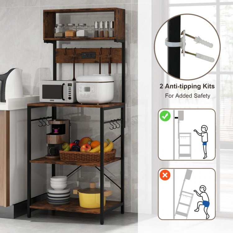 5-Tier Microwave Stand with Power Outlet and 10 S-shape Hooks-Rustic Brown