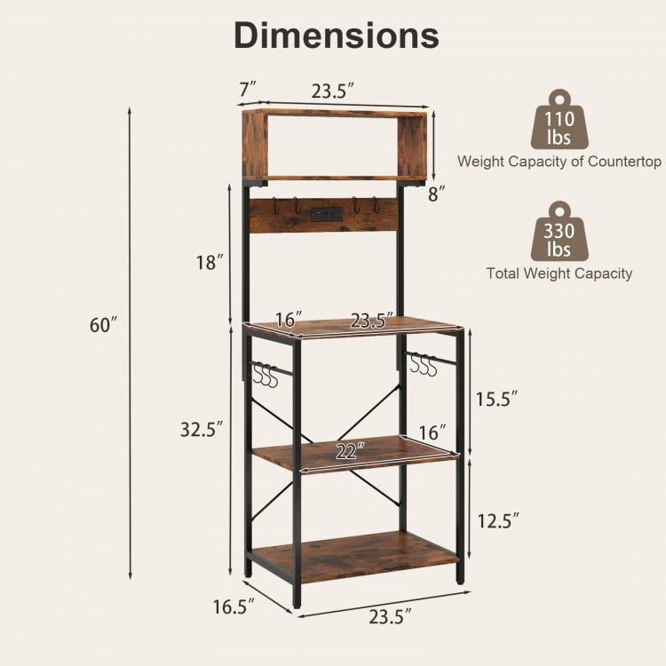 5-Tier Microwave Stand with Power Outlet and 10 S-shape Hooks-Rustic Brown