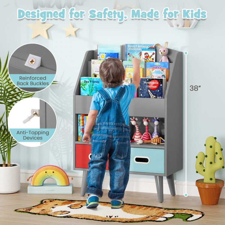 Kids Bookshelf with Open Compartment for Toddlers 3+ Years Old-Gray