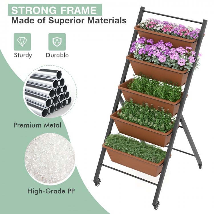 5-Tier Vertical Raised Garden Bed with Wheels and Container Boxes-Brown