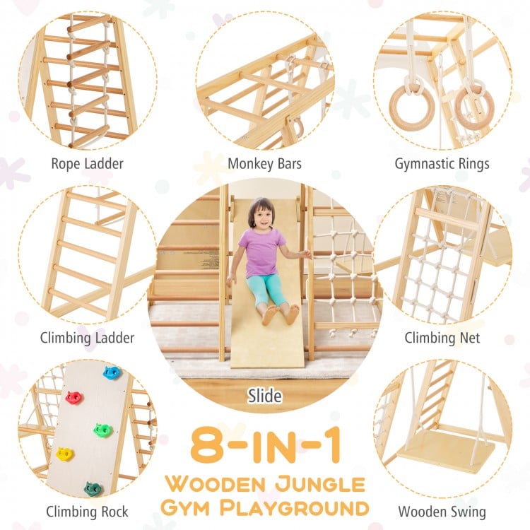 8-in-1 Wooden Jungle Gym Playset with Slide and Monkey Bars-Natural