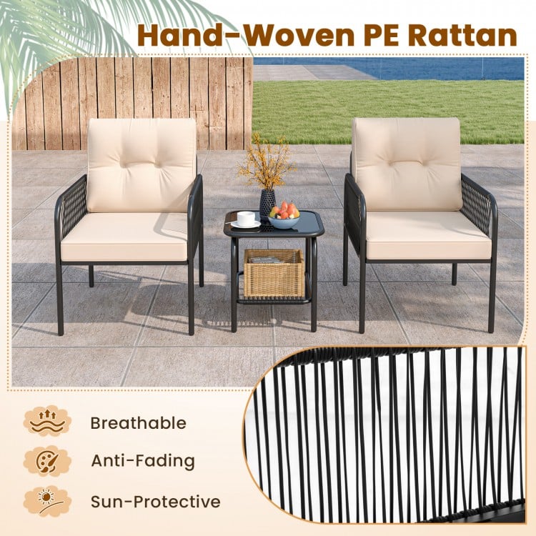3 Pieces Patio Bistro PE Outdoor Wicker Rattan Furniture Conversation Set-Beige