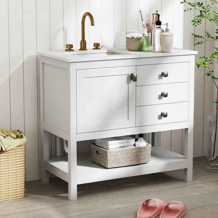 36-Inch Freestanding Bathroom Vanity with Ceramic Basin, Granite Countertop, 2 Drawers & Storage Cabinet, White