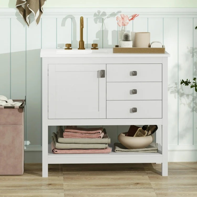 36-Inch Freestanding Bathroom Vanity with Ceramic Basin, Granite Countertop, 2 Drawers & Storage Cabinet, White