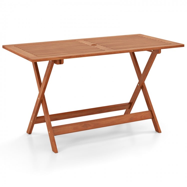 54.5 Inch x 27.5 Inch Patio Dining Table with Teak Painting and Umbrella Hole