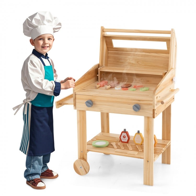 Kids Wooden Barbecue Grill Playset Pretend Kitchen with Food and Wheels-Natural