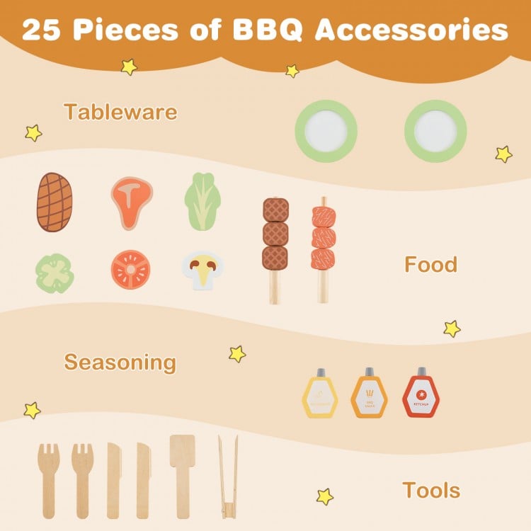 Kids Wooden Barbecue Grill Playset Pretend Kitchen with Food and Wheels-Natural