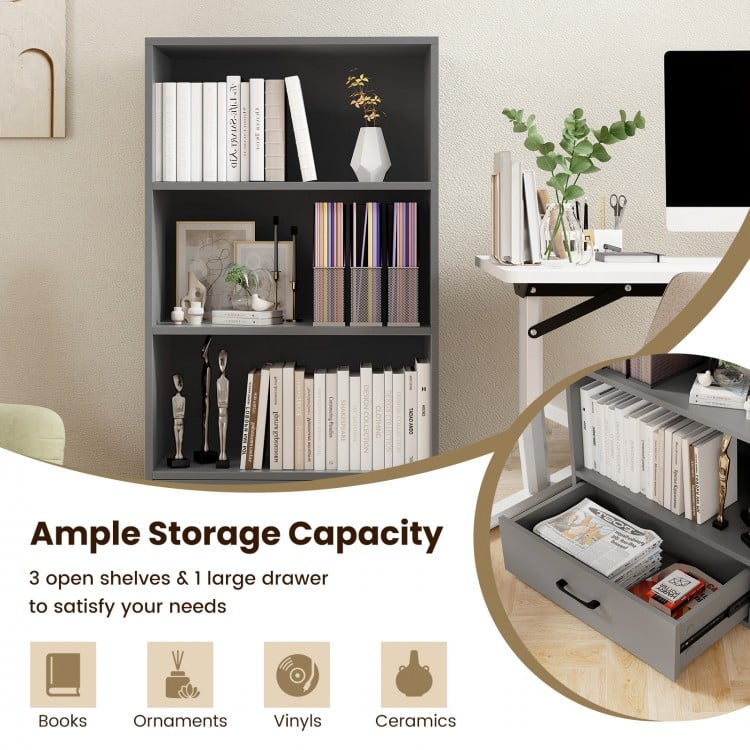 48 Inch Tall 4 Tiers Wood Bookcase with Drawer-Gray