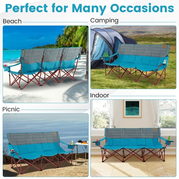 3 Person Folding Camping Chair with 2 Cup Holders Cotton Padding & Storage Bag-Blue