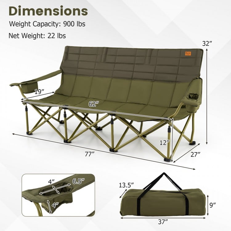 3 Person Folding Camping Chair with 2 Cup Holders Cotton Padding & Storage Bag-Green