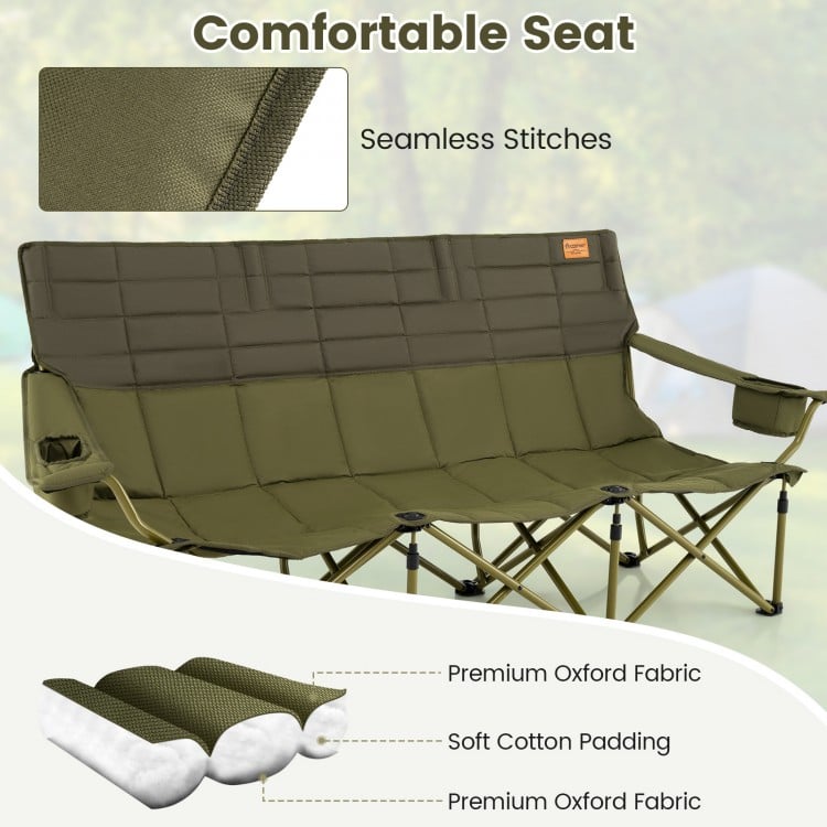 3 Person Folding Camping Chair with 2 Cup Holders Cotton Padding & Storage Bag-Green