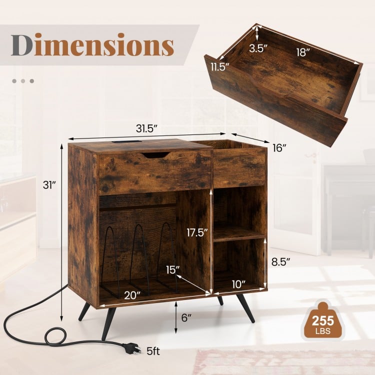 Record Player Stand with Power Outlet-Rustic Brown