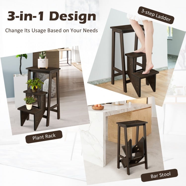3-in-1 Rubber Wood 3 Tier Folding Step Stool Ladder Storage Shelf-Dark Brown