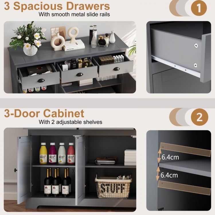 3 Drawers Sideboard Buffet Storage with Adjustable Shelves-Gray