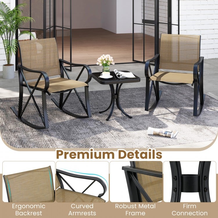 3 Piece Patio Rocking Set with Smooth Rocking Motion Outdoor Rocker Chair Bistro Set -Brown