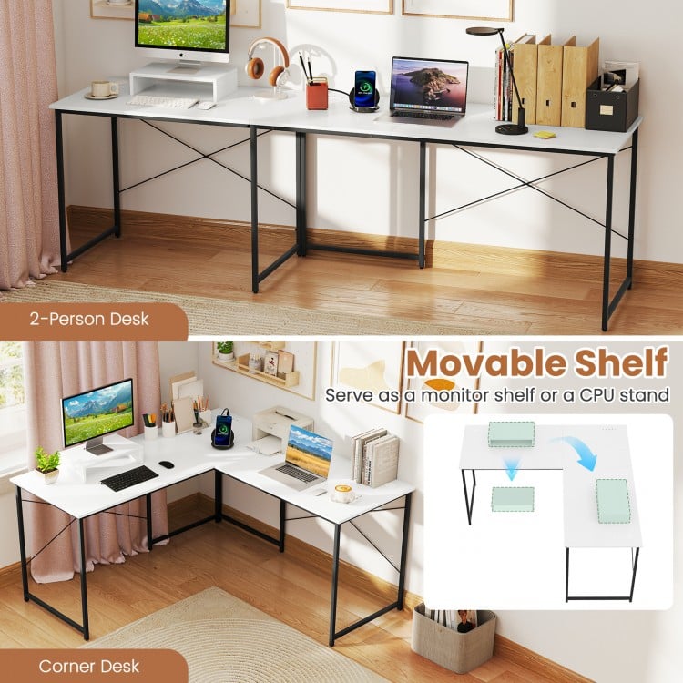 L-Shaped Computer Desk with Power Outlets and Monitor Shelf-White