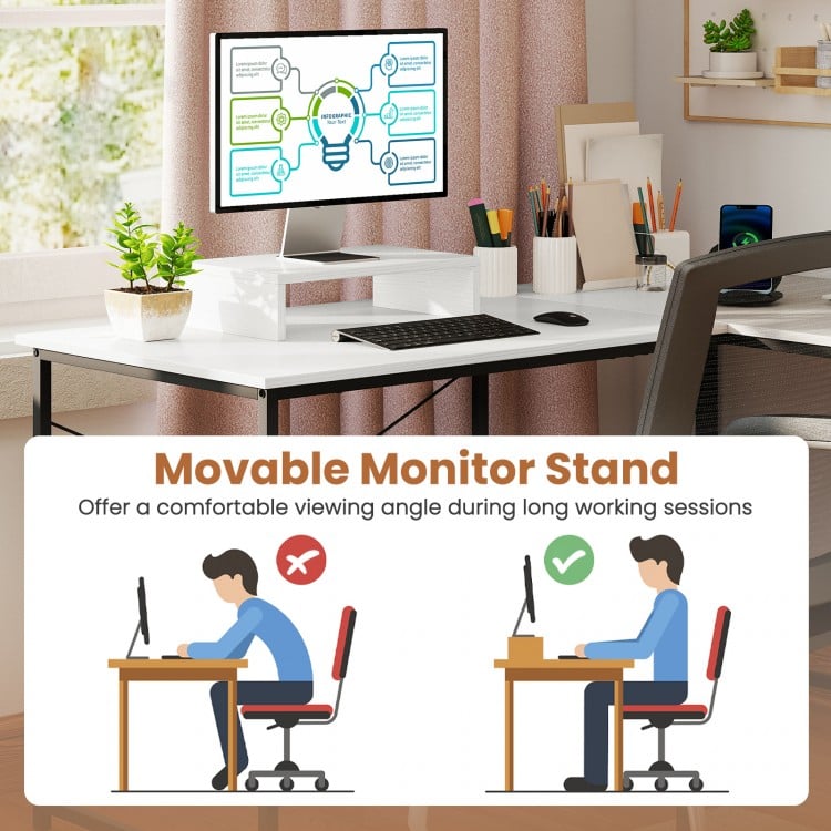L-Shaped Computer Desk with Power Outlets and Monitor Shelf-White