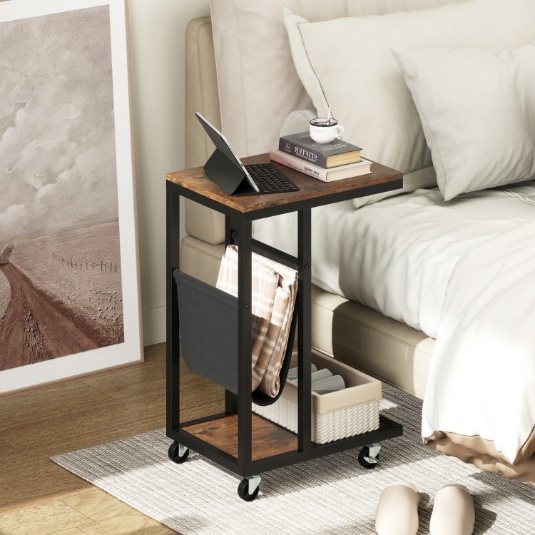 C-shaped Side Table with Canvas Storage Pouch and Metal Frame-Borwn