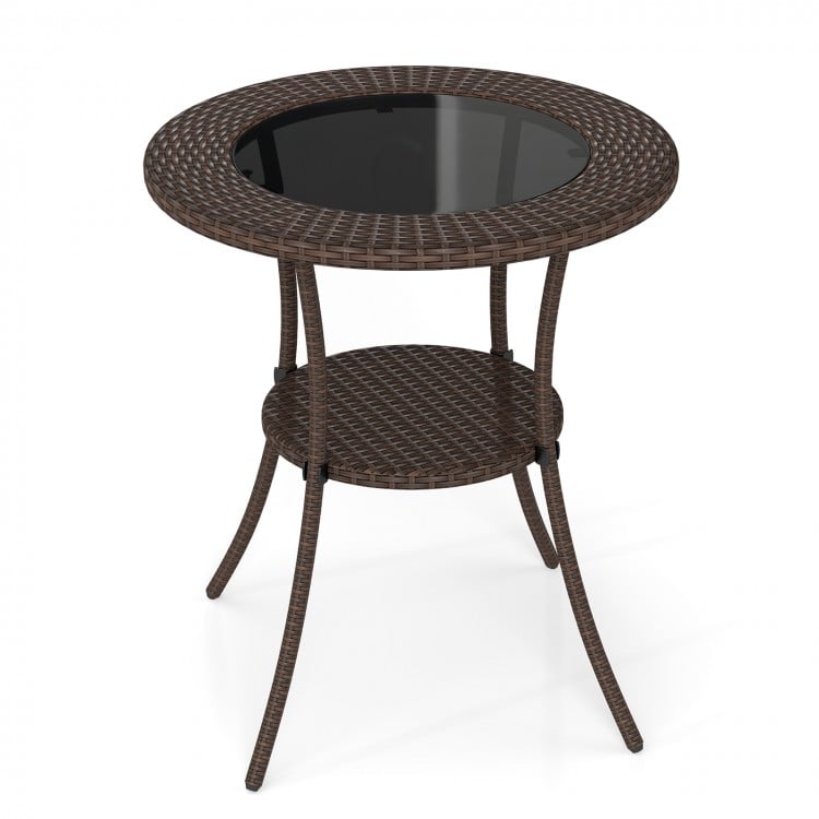 PE Wicker Patio Bistro Table Round with Tempered Glass Top and Shelf