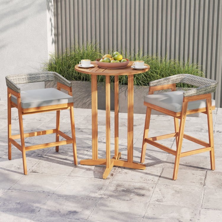 Set of 2 Patio Acacia Wood Counter Height Bar Stools with Cushions and PE Wicker Backrests Footrests-Gray