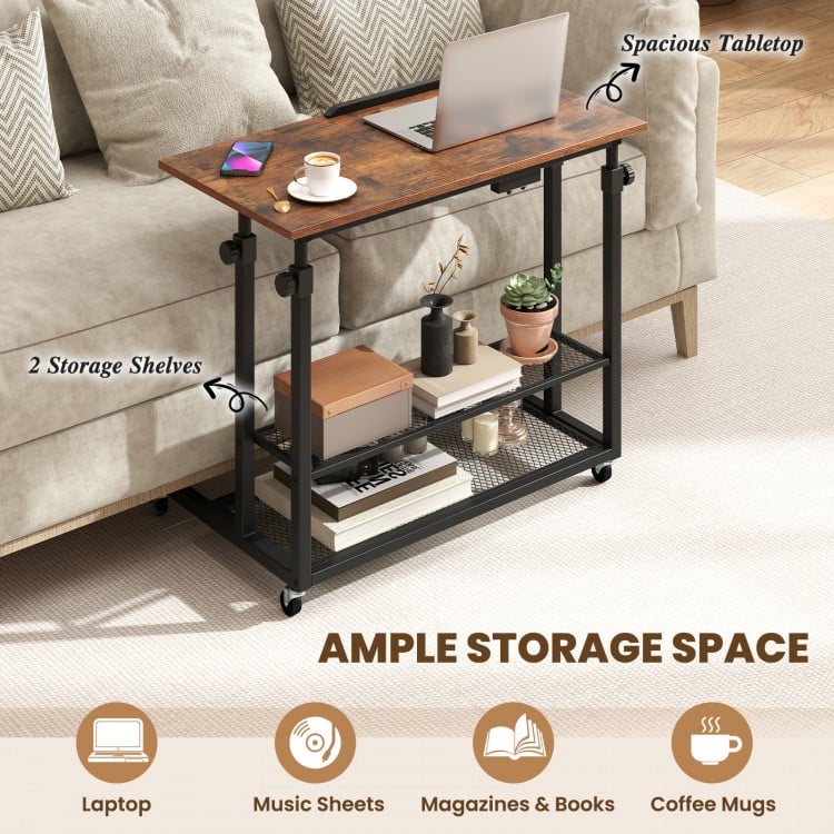 Mobile Stand up Desk Height Adjustable Standing Table with Tilting Tabletop-Rustic Brown