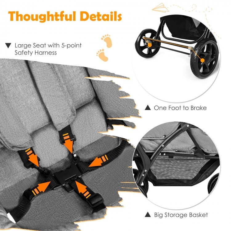 Foldable Lightweight Front Back Seats Double Baby Stroller-Gray