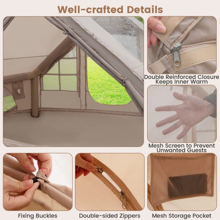 4-6 People Inflatable Camping Tent with Porch and Carrying Bag-Beige