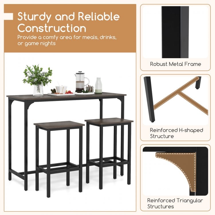Industrial 3-Piece 47.5" Counter-Height Dining Table and 2 Bar Stools-Gray