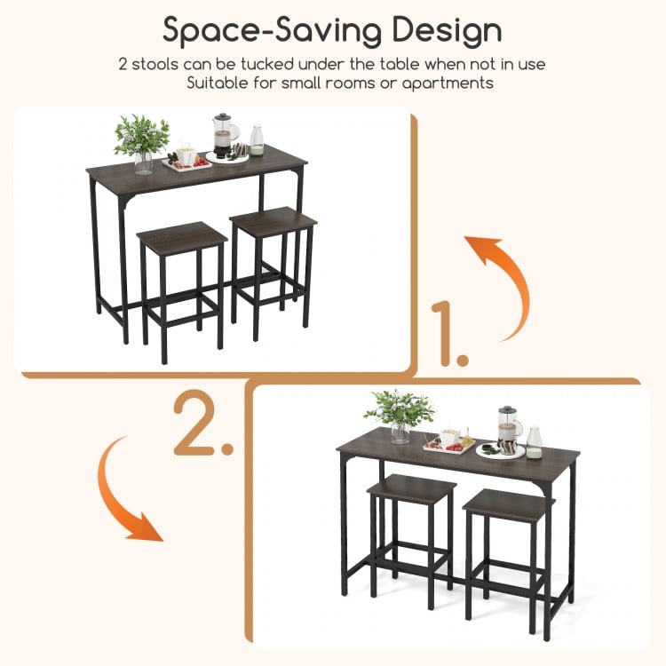 Industrial 3-Piece 47.5" Counter-Height Dining Table and 2 Bar Stools-Gray