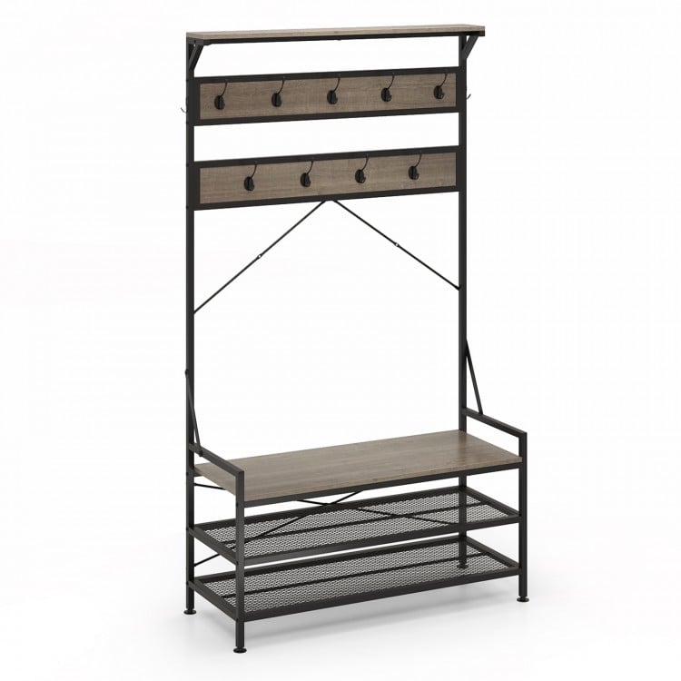 Coat Rack 4-In-1 Hall Tree with 11 Hanging Hooks Shoe Bench-Gray