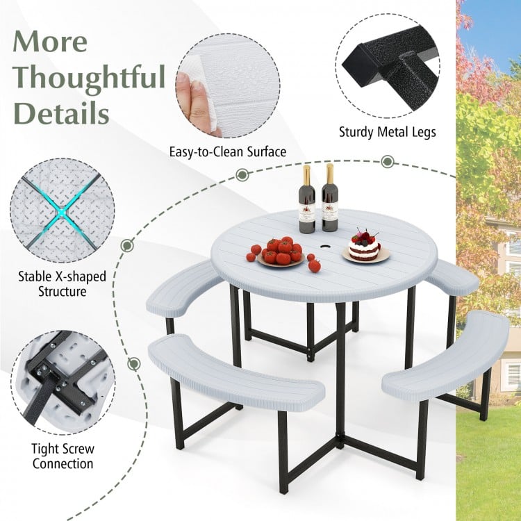 Round Picnic Table Bench Set with 4 Benches and Umbrella Hole for Patio Lawn-White