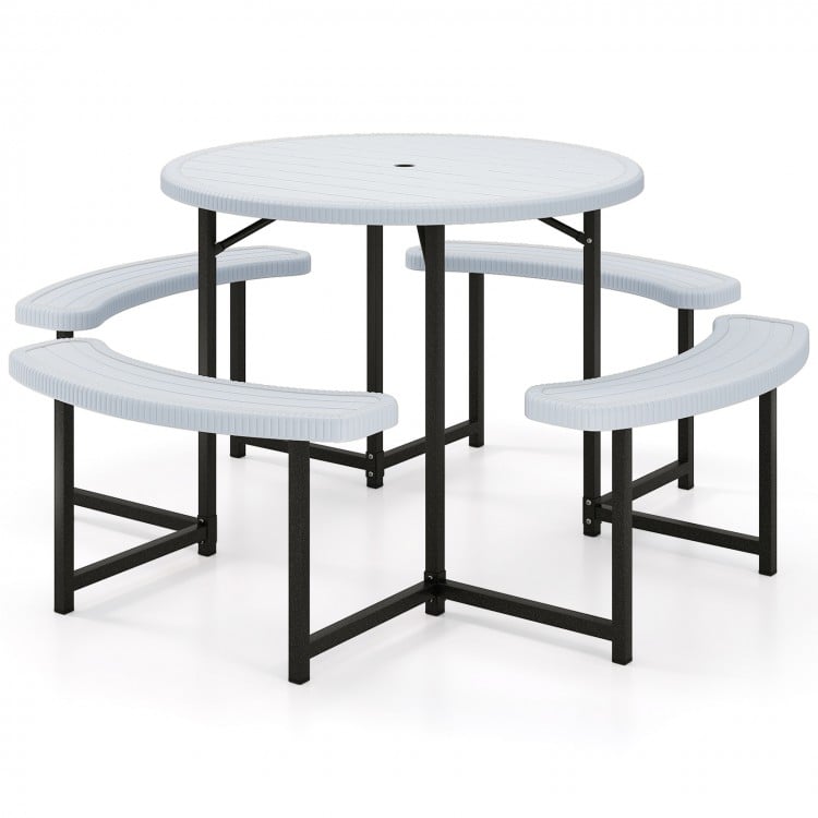Round Picnic Table Bench Set with 4 Benches and Umbrella Hole for Patio Lawn-White