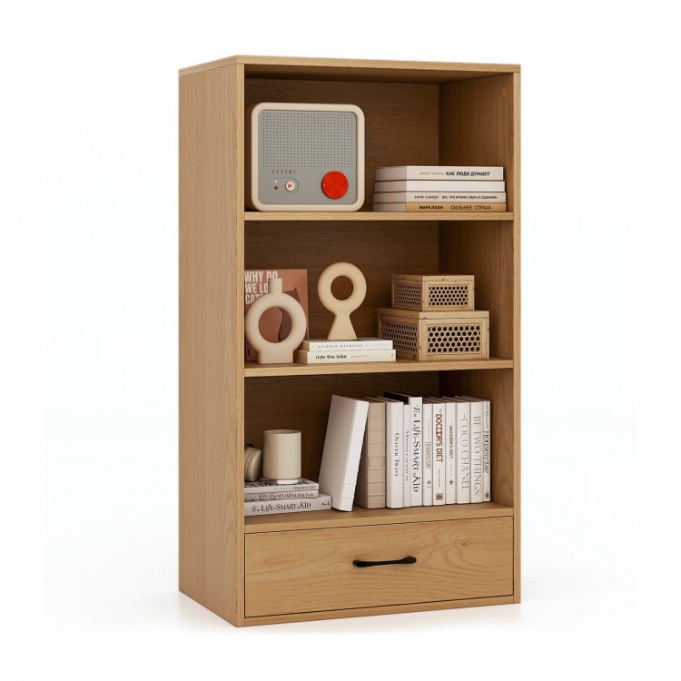 4-Tier Storage Bookcase with Open Shelves Drawer and Anti-toppling Device-Natural