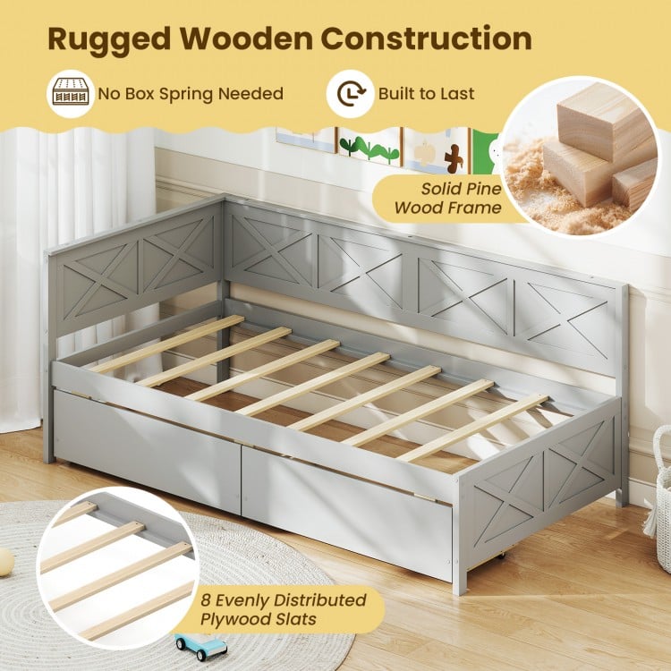 Twin Size Daybed with 2 Storage Drawers No Box Spring Needed-Gray