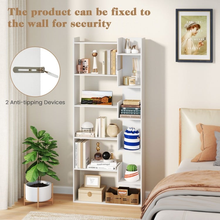 6-Tier Bookshelf Wooden Bookcase with 2 Anti-Tipping Kits Open Display Shelf-White