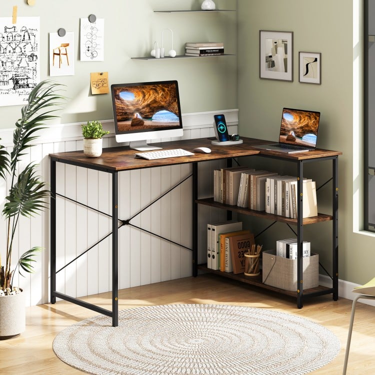 L-shaped 47 Inch Reversible Corner Desk with Adjustable Storage Shelves-Rustic Brown