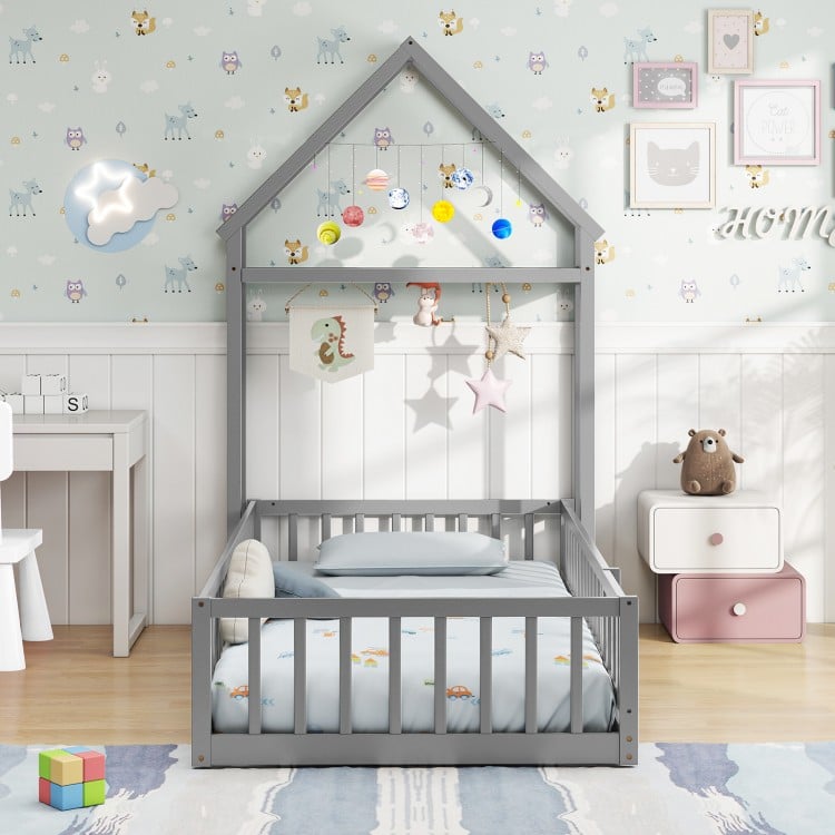 Twin Size House Floor Bed with House-shaped Headboard-Gray