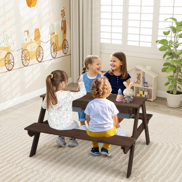 Kids 3-in-1 Outdoor Picnic Water Sand Table with Umbrella Play Boxes
