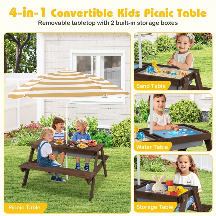 Kids 3-in-1 Outdoor Picnic Water Sand Table with Umbrella Play Boxes