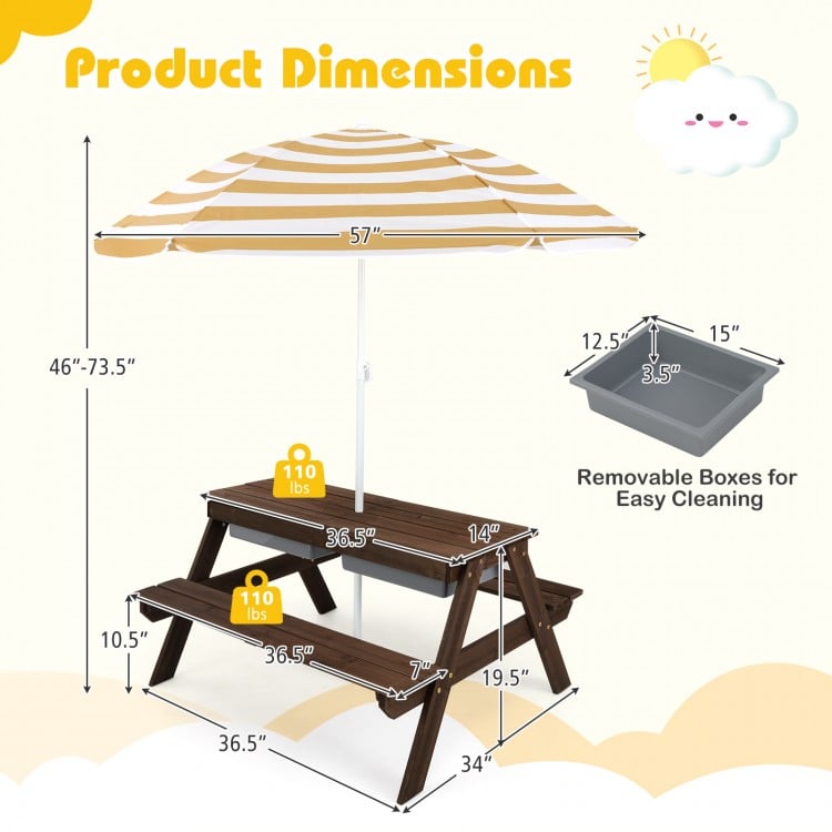 Kids 3-in-1 Outdoor Picnic Water Sand Table with Umbrella Play Boxes