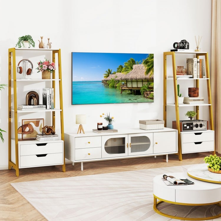 4-Tier Ladder Shelf with 2 Drawers 52.5 Inch Tall Freestanding Bookcase-White