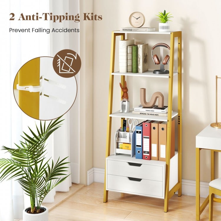 4-Tier Ladder Shelf with 2 Drawers 52.5 Inch Tall Freestanding Bookcase-White