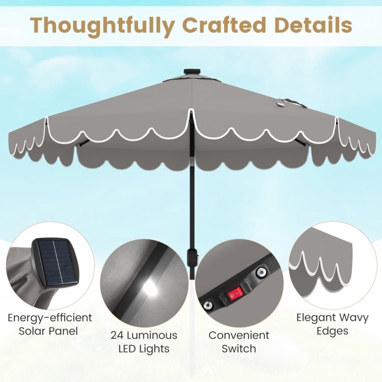 9.3 FT Solar Patio Umbrella with 24 LED Lights Vented Top and Ruffles-Gray