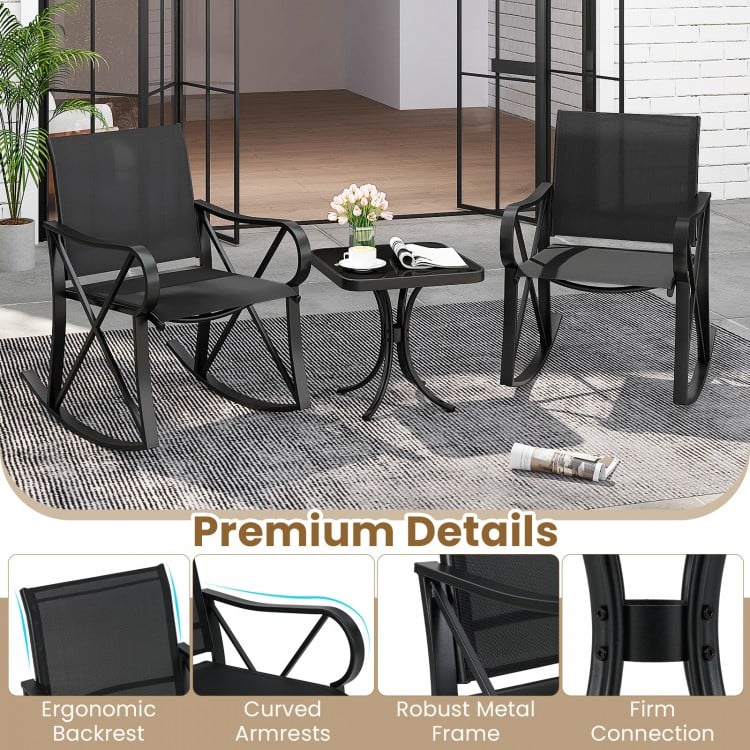 3 Piece Patio Rocking Set with Smooth Rocking Motion Outdoor Rocker Chair Bistro Set-Black