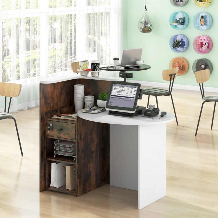 Front Reception Office Desk with Open Shelf and Lockable Drawer-Rustic Brown