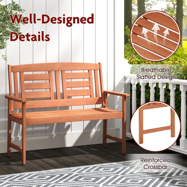 Outdoor Solid Wood Loveseat Hardwood 2-Seat Bench with Inclined Backrest and Slatted Seat